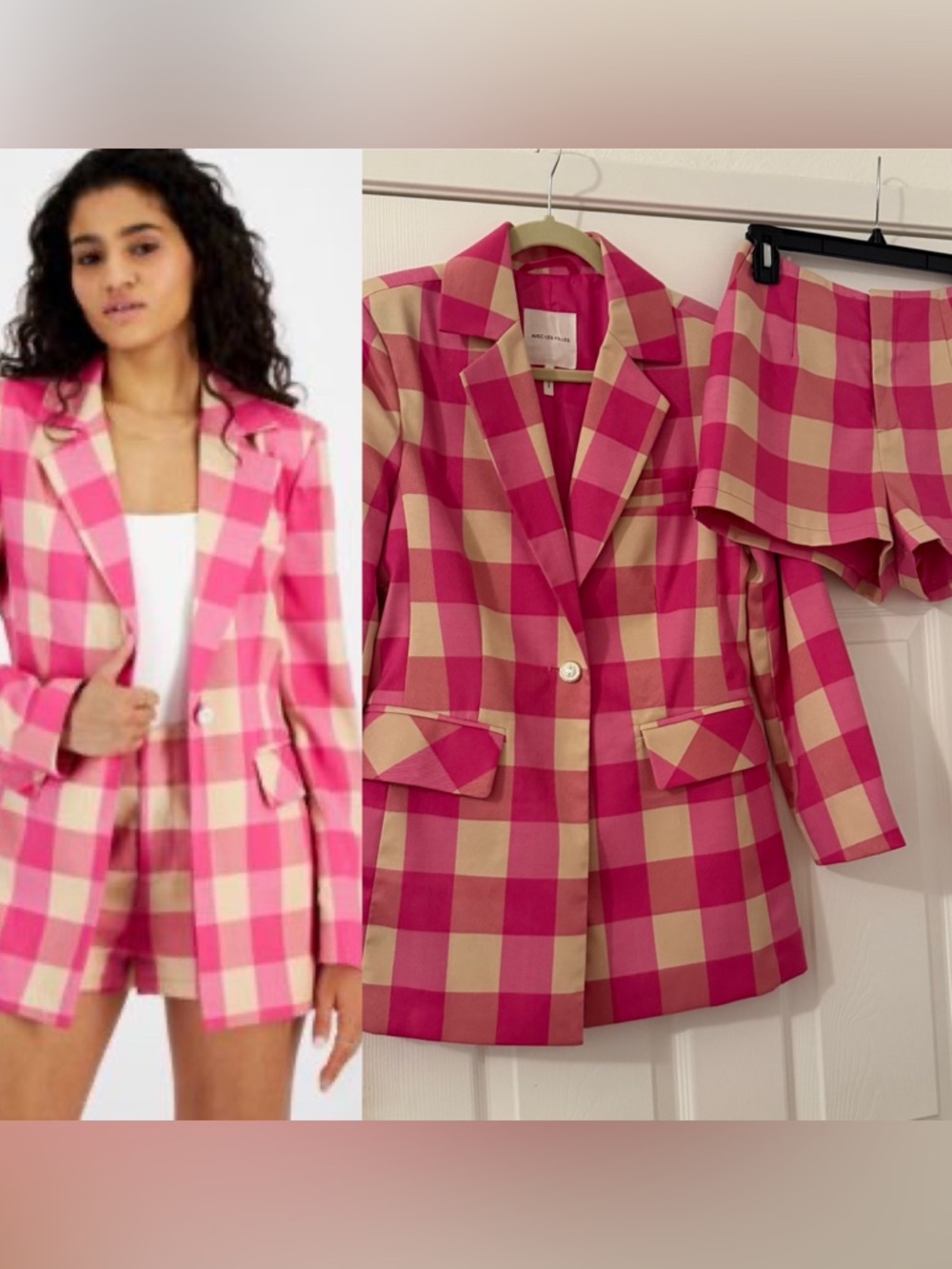 NWOT Avec Les Filles Pink Plaid Blazer Jacket & Matching Shorts Set